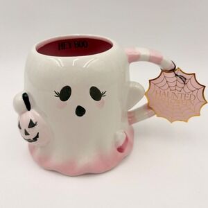 Haunted Halloween Pink Ghost Figural Mug Hey Boo 18oz Pastel Pumpkin Ceramic